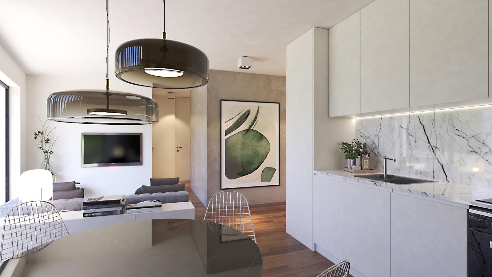 Zona de refeições com cozinha em mármore Estremoz e iluminação decorativa