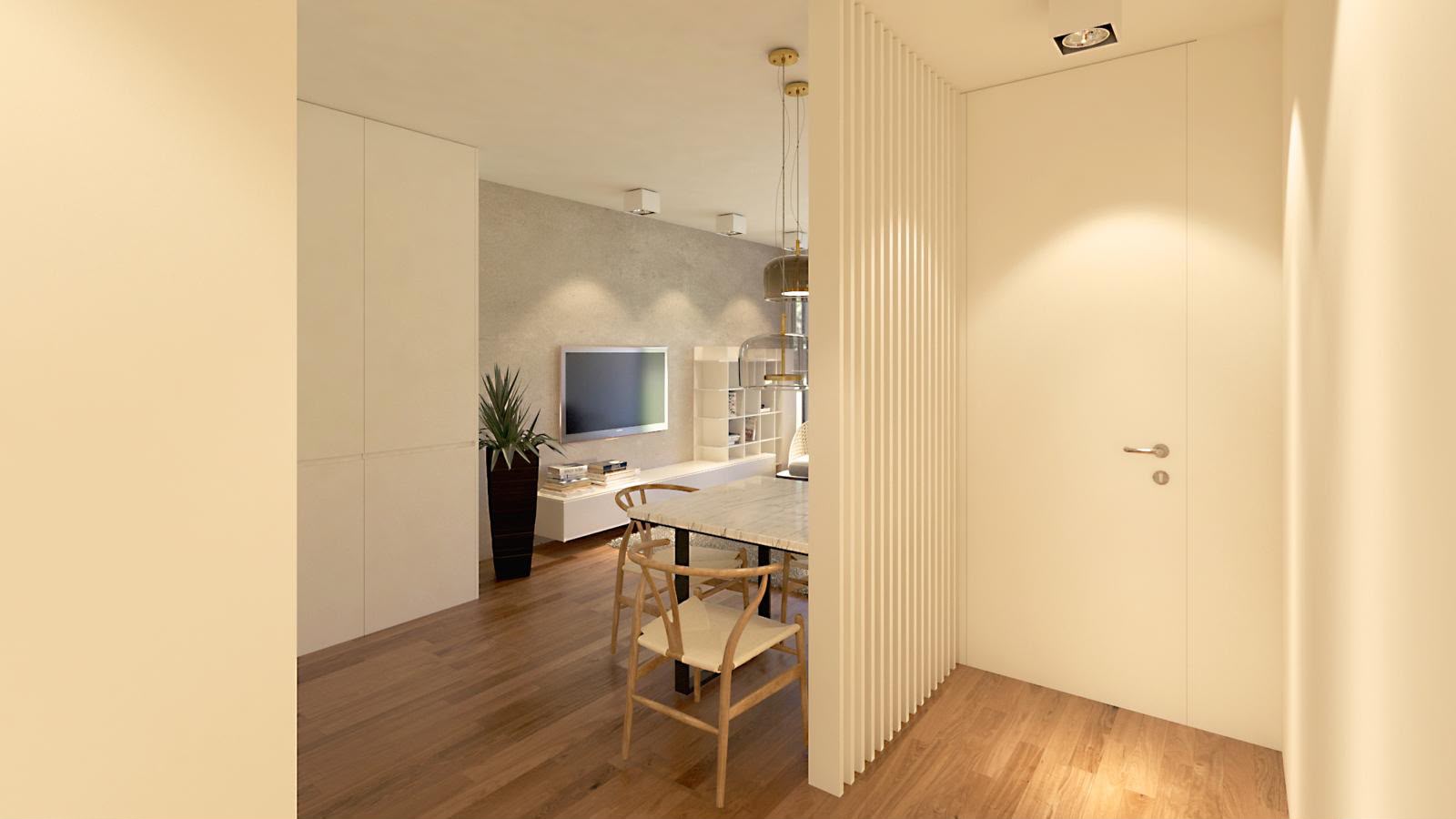 Entrada do apartamento com painel ripado e perspetiva sobre a sala