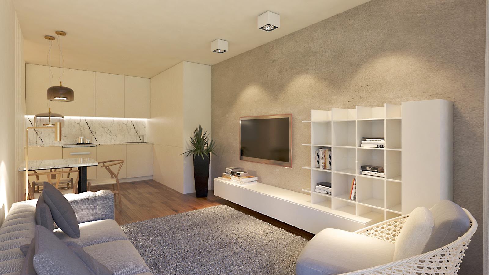 Sala de estar com parede em microcimento, mobiliário sóbrio e cozinha integrada ao fundo