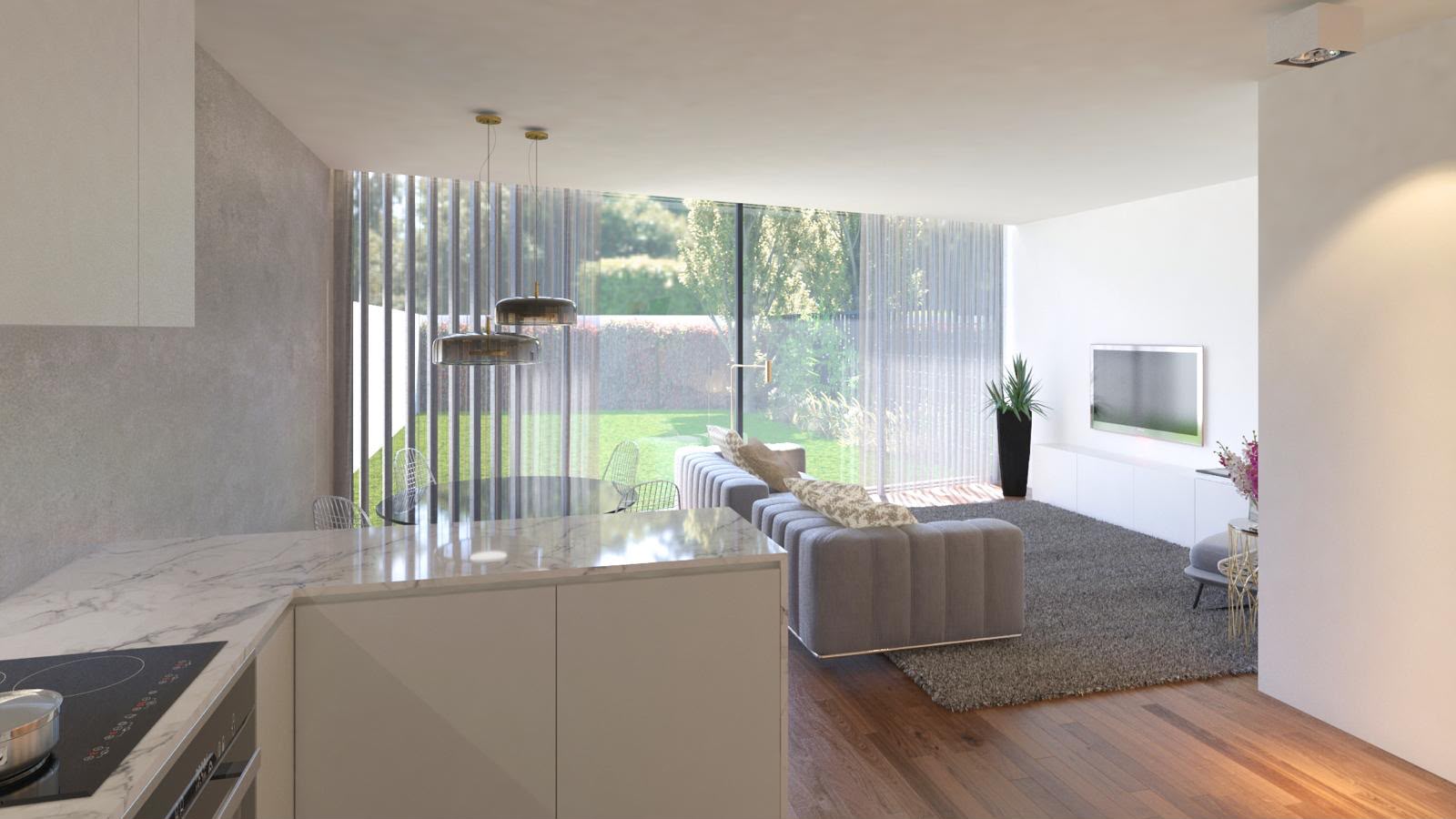 Sala de estar com cozinha aberta e amplo envidraçado sobre o jardim